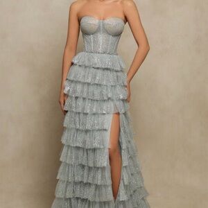 Tarik ediz grey silver beautiful ruffle dress